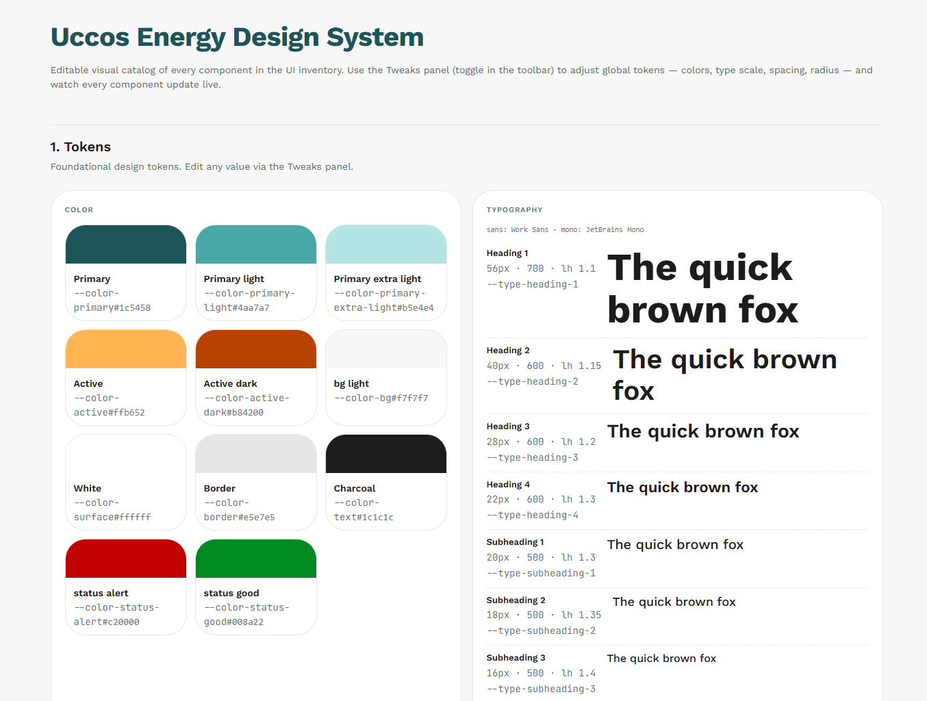 A screenshot of the Uccos Energy Design System in Claude Design