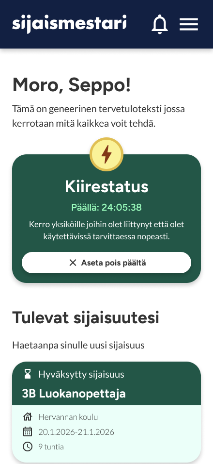 a screenshot of the Sijaismestari front page for a substitute teacher user